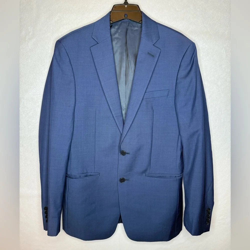 Calvin Klein Solid Blue 100% Wool Suit Suit Jacket Sport Coat 38R